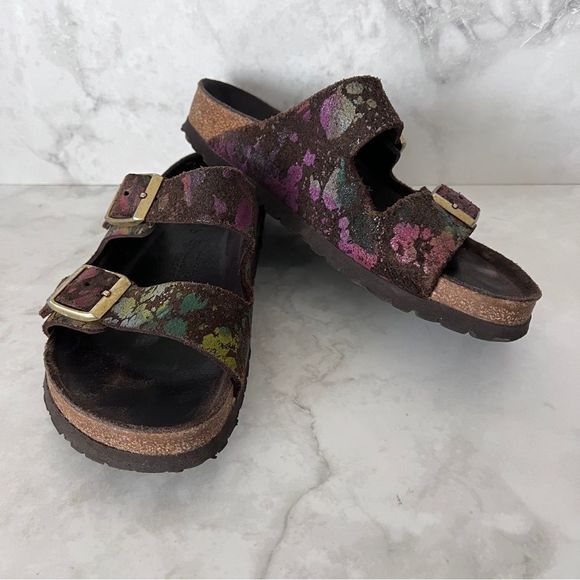Birkenstock Arizona Leather Flower Crush Mocha Sandals - Picture 12 of 13